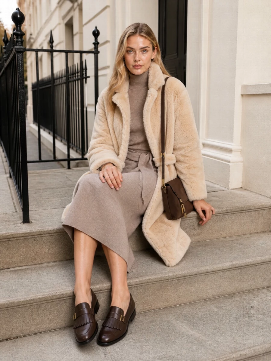 Max mara knit dress faux fur coat furla bag