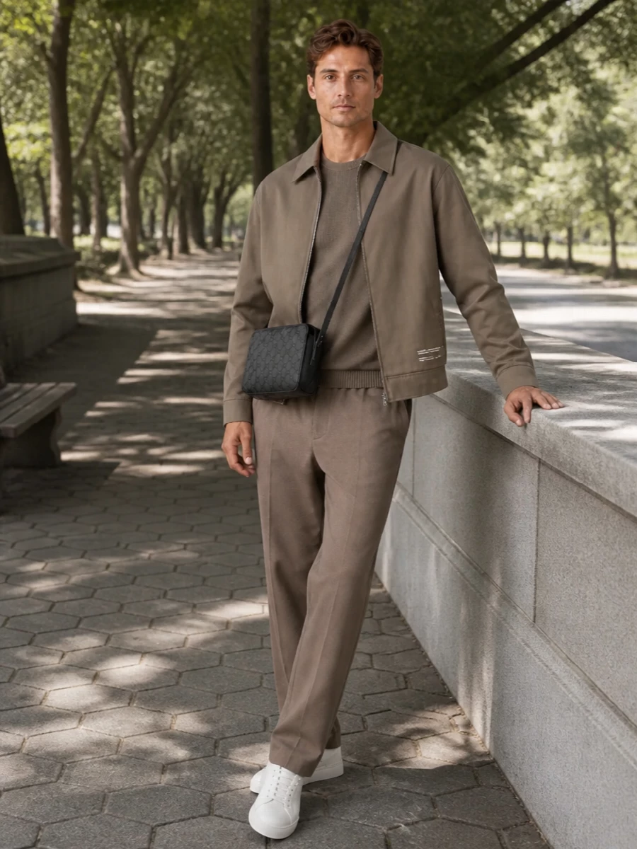 Golden goose taupe jacket gucci crossbody outfit