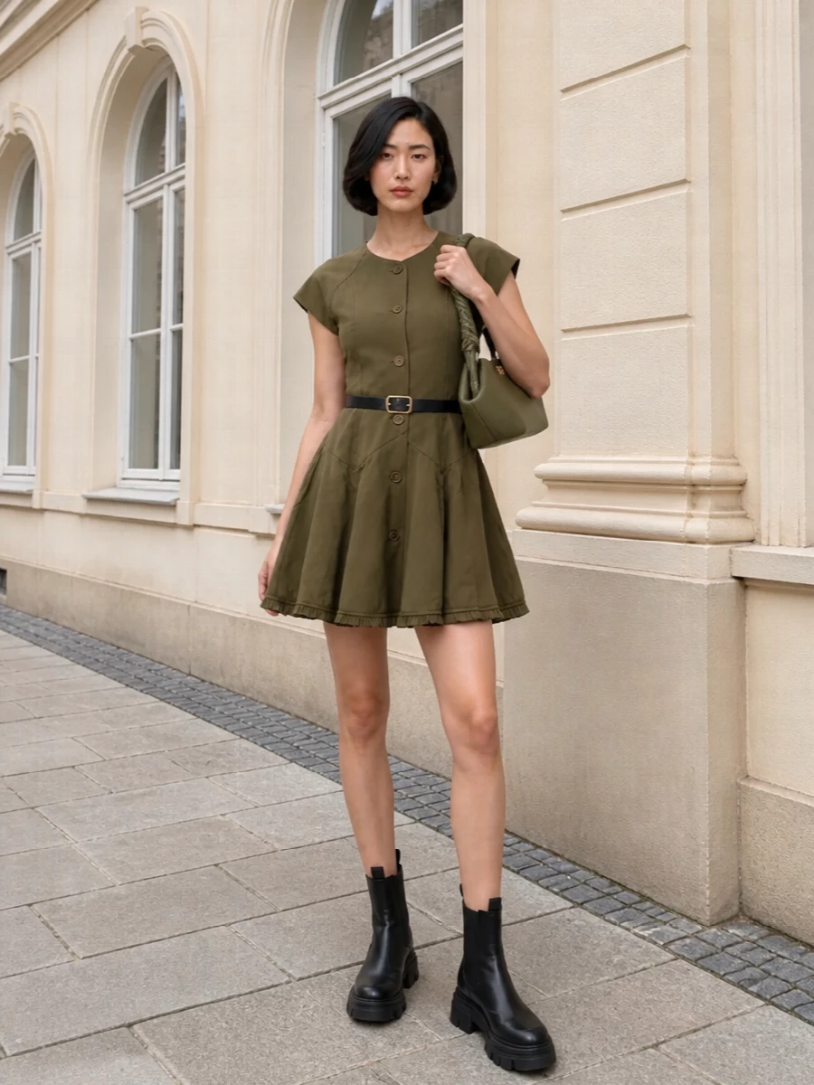 Ganni olive mini dress chunky black boots outfit