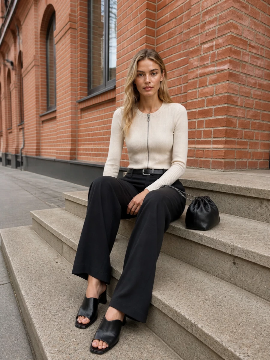 Ann demeulemeester cream knit black wide leg trousers