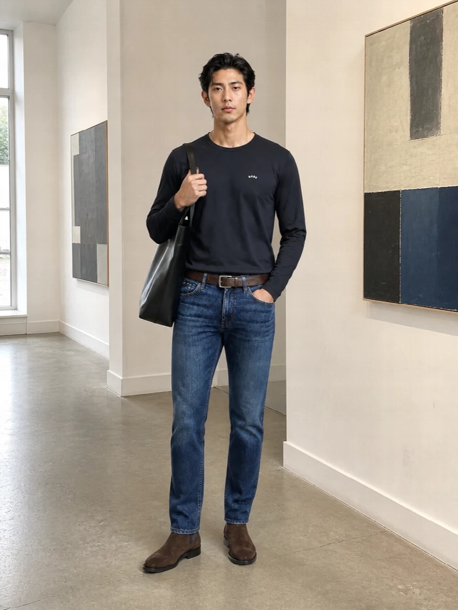 Boss jeans navy long sleeve tee chelsea boots