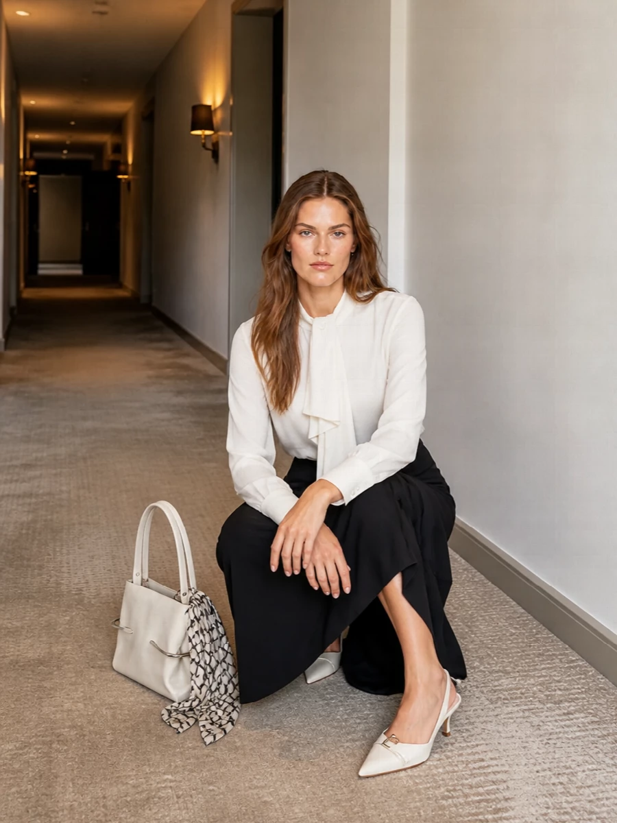 Givenchy ivory bow blouse black draped midi skirt