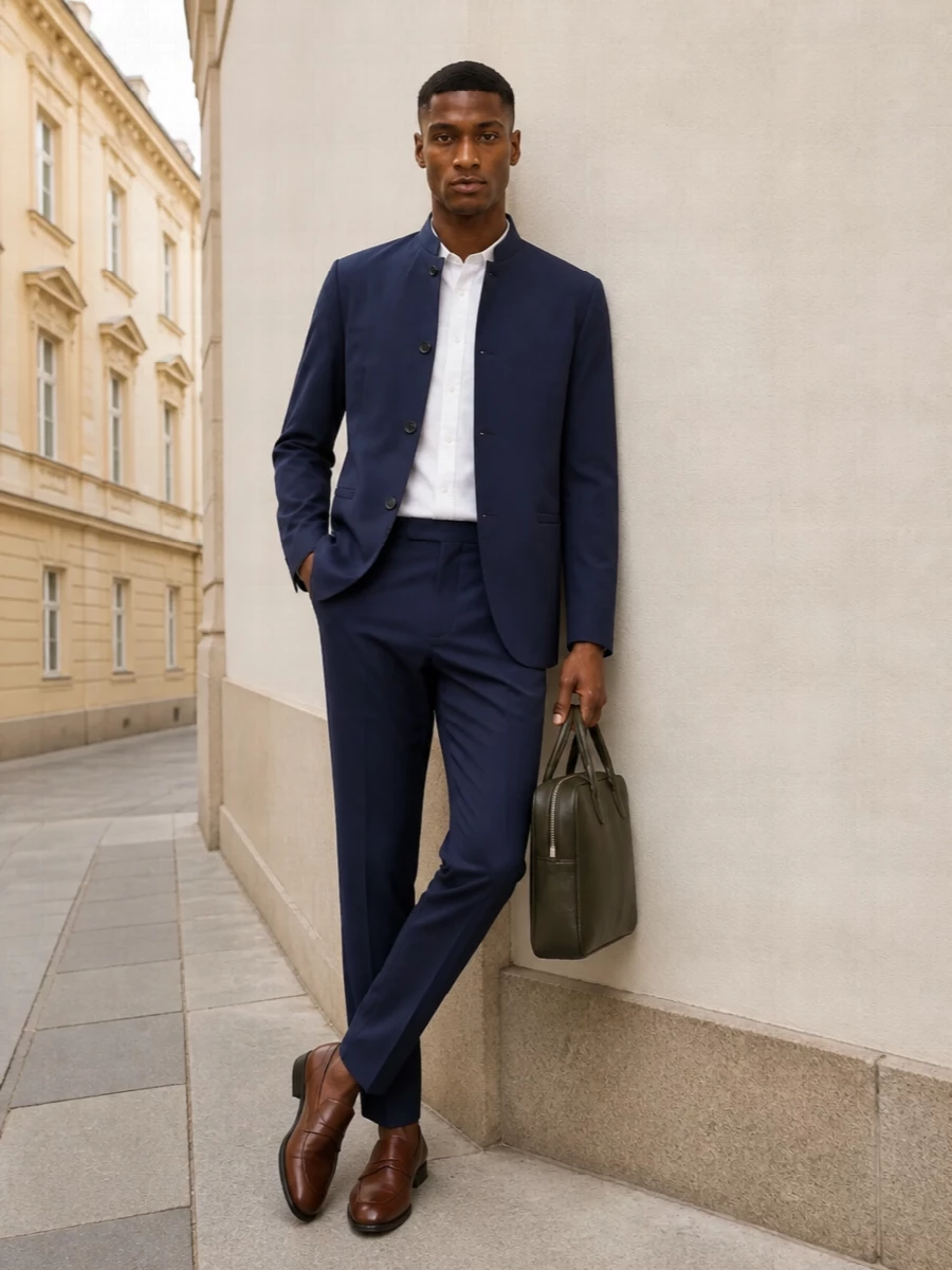 Navy-on-navy tailoring is cut clean and relaxed, with the stand-collar blazer and tapered trouser reading sharp without rigidity. A crisp white shirt keeps the line bright, while chestnut loafers and an olive briefcase introduce soft, considered contrast. This is modern boardroom dressing that remains comfortable enough to carry straight into late dinners.