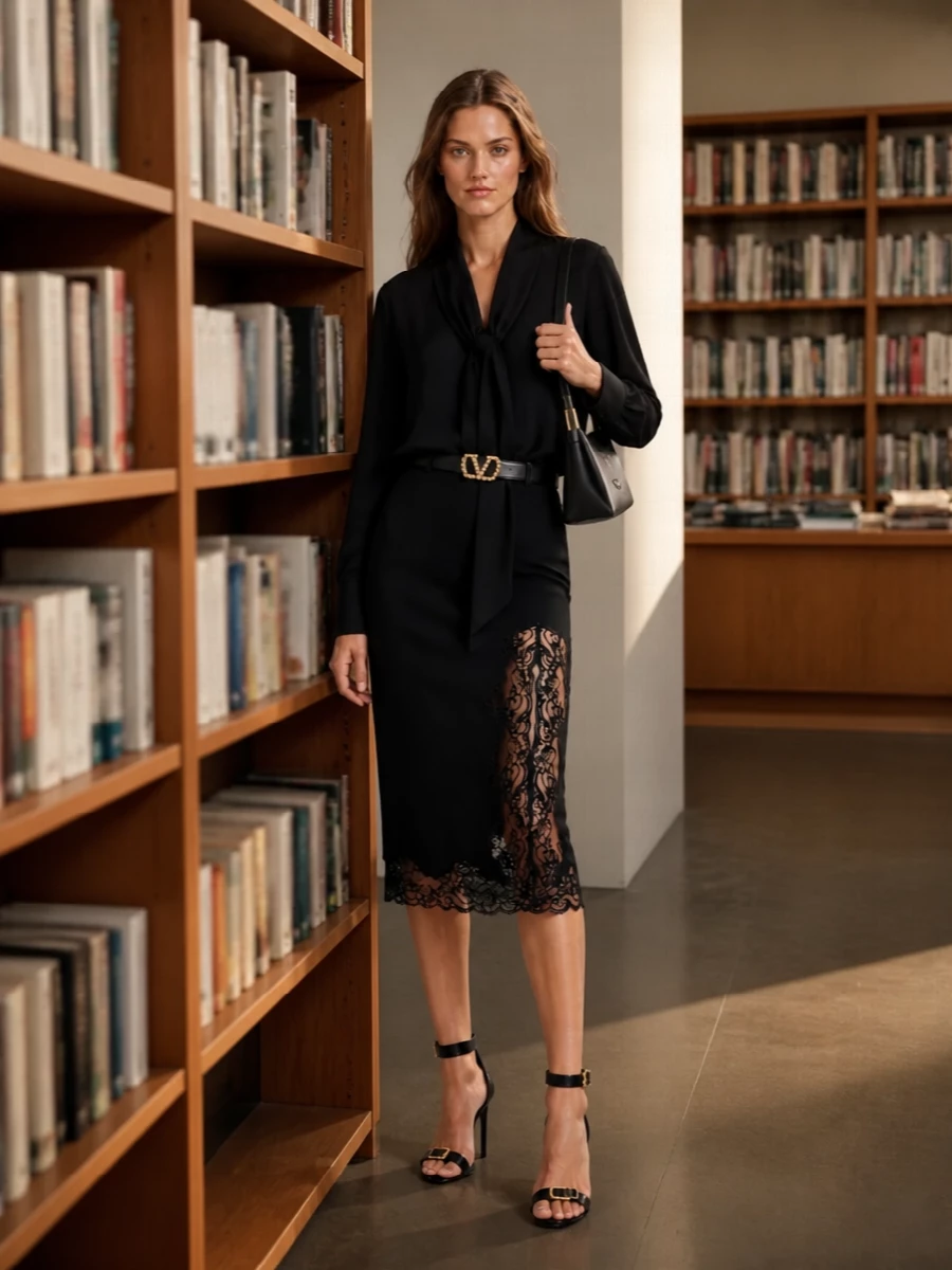Balmain lace pencil skirt black tie blouse outfit