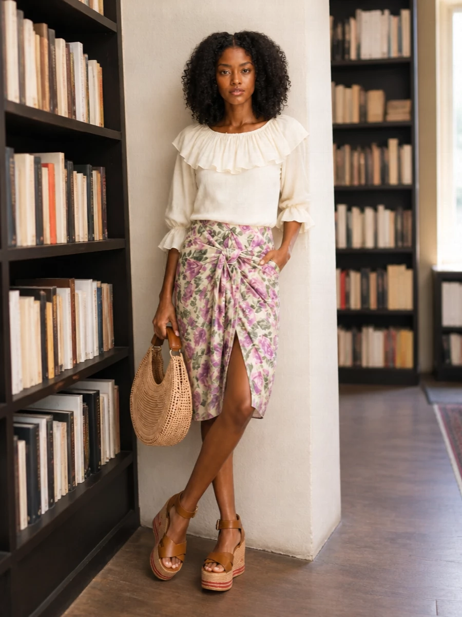 Romantic and sunlit, this pairing lets the printed skirt lead while a soft vanilla blouse brings light around the face and gently balances the draped volume. Platform espadrilles and a rounded raffia bag add warm, textural notes that feel perfect for garden parties or terrace dinners, with a gauzy floral scarf as the final, poetic touch.