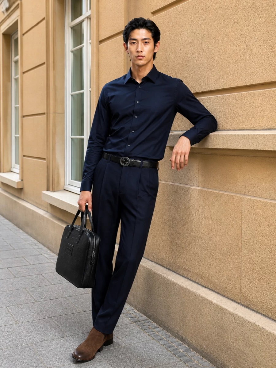 Giorgio armani navy shirt tailored trouser outfit