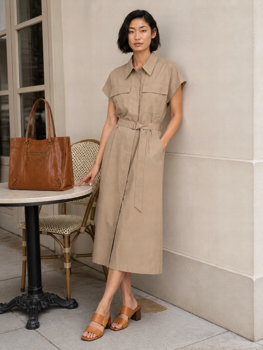 I’m anchoring this with the Brunello Cucinelli sand midi shirt dress rather than separates, because its clean utility tailoring and soft beige tone echo the tote’s quiet, polished mood perfectly. The cinched-waist, midi length silhouette keeps the proportions balanced against a large structured bag, while the Tod’s tan block-heel sandals pick up the cognac leather and gold hardware for a cohesive, warm neutral story. The result is a refined city daytime outfit that moves easily from meetings to terrace dinners without feeling overdesigned.