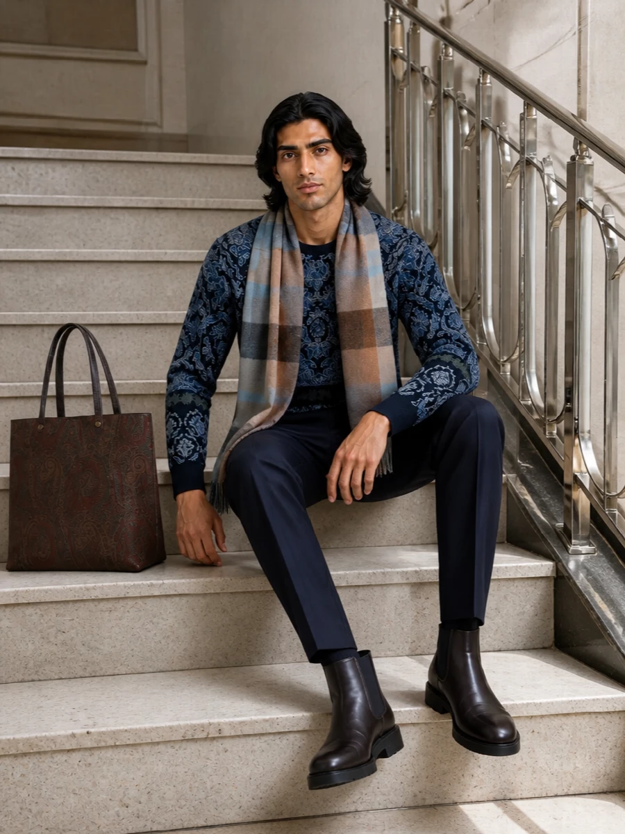 Etro mens navy jacquard sweater tailored trousers