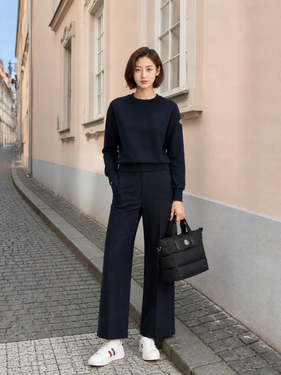 Moncler navy sweatshirt wide leg trousers sneakers