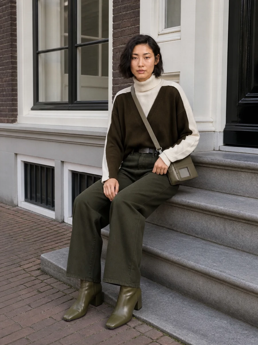 Maison margiela knit olive wide leg jeans outfit