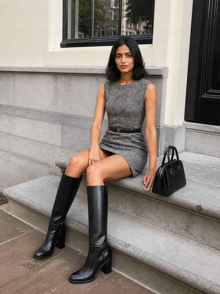 The grey tweed Gucci mini shift is tightened just enough at the waist with a slim black belt, sharpening its 60s line without disturbing the minimalist mood. Sleek black knee-high boots streamline the leg and bring a polished, modern edge, while the structured black mini top-handle bag with gold hardware echoes the dress’s buttons for a cohesive, quietly luxurious cocktail look. Think gallery opening or intimate dinner: clean, architectural and impeccably understated.