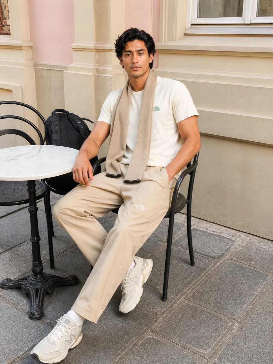 Soft off-white and beige keep this North Face tee grounded in a clean, outdoor-inspired palette, supported by relaxed technical trousers that echo its easy line. New Balance runners and a streamlined black backpack bring practical city mileage without disturbing the calm, sport-minimal mood. A light beige scarf finishes it with just enough texture for colder days while staying understated.
