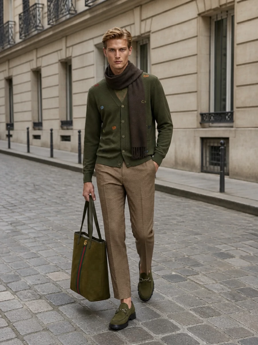 An olive monogrammed cardigan is grounded with camel houndstooth tailoring for a bookish, heritage take on quiet luxury. Chunky olive suede horsebit loafers and a matching suede tote carry the green story through in a refined, tonal way, while a dark chocolate scarf adds depth and warmth for FW city dressing. The result is polished, preppy and understatedly rich, ideal for smart-casual days that still demand character.