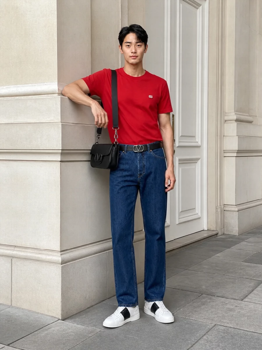 Valentino red tee dark denim white sneakers