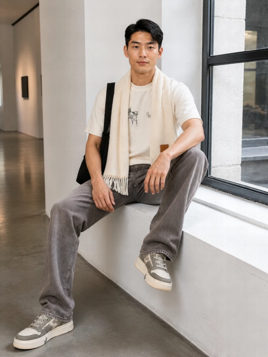 Soft cream and washed taupe-grey sit together for a calm, neutral streetwear base that feels easy but considered. The straight-leg denim and regular tee cut keep the proportions classic, while the sculpted sneakers and clean shoulder bag add just enough edge for everyday city wear. A cream ribbed scarf ties it together, repeating the top’s tone in a way that feels intentional rather than matchy.