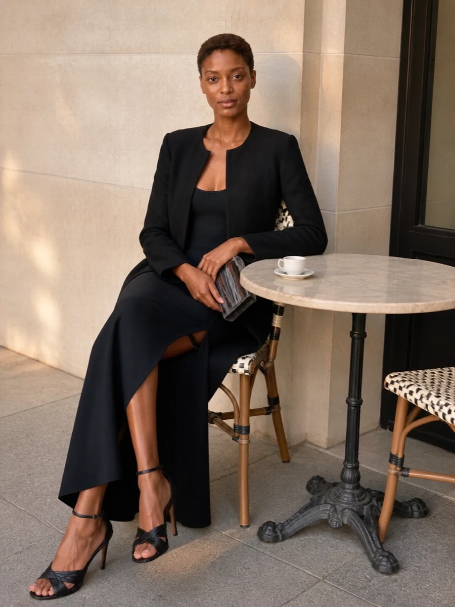 A deep navy column and razor-fine black sandals create a long, uninterrupted line that feels modern and precise for night. The lacquered charcoal clutch introduces just enough graphic texture to catch the light while staying firmly in a minimalist, quiet luxury mood. It is a clean, confident cocktail outfit that reads considered without ever feeling over-styled.