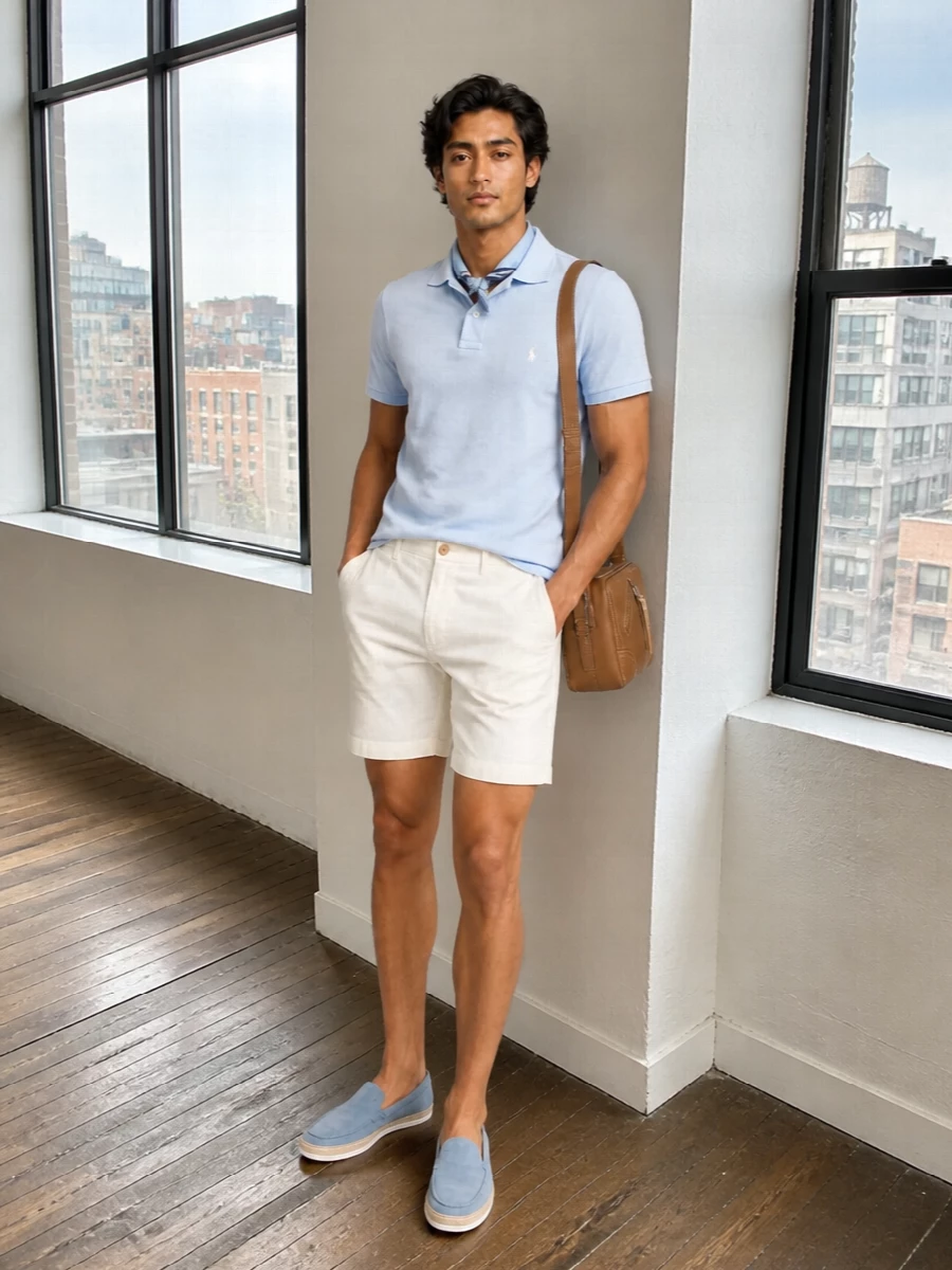 Pale blue and ivory keep this Polo Ralph Lauren outfit clean, coastal and quietly preppy, with tailored shorts grounding the airy polo. Sky-toned Tod's espadrille loafers and a tan crossbody push it into relaxed, city-ready sophistication. A slim sky-blue scarf adds a discreet flourish if you want a little extra personality without breaking the calm palette.