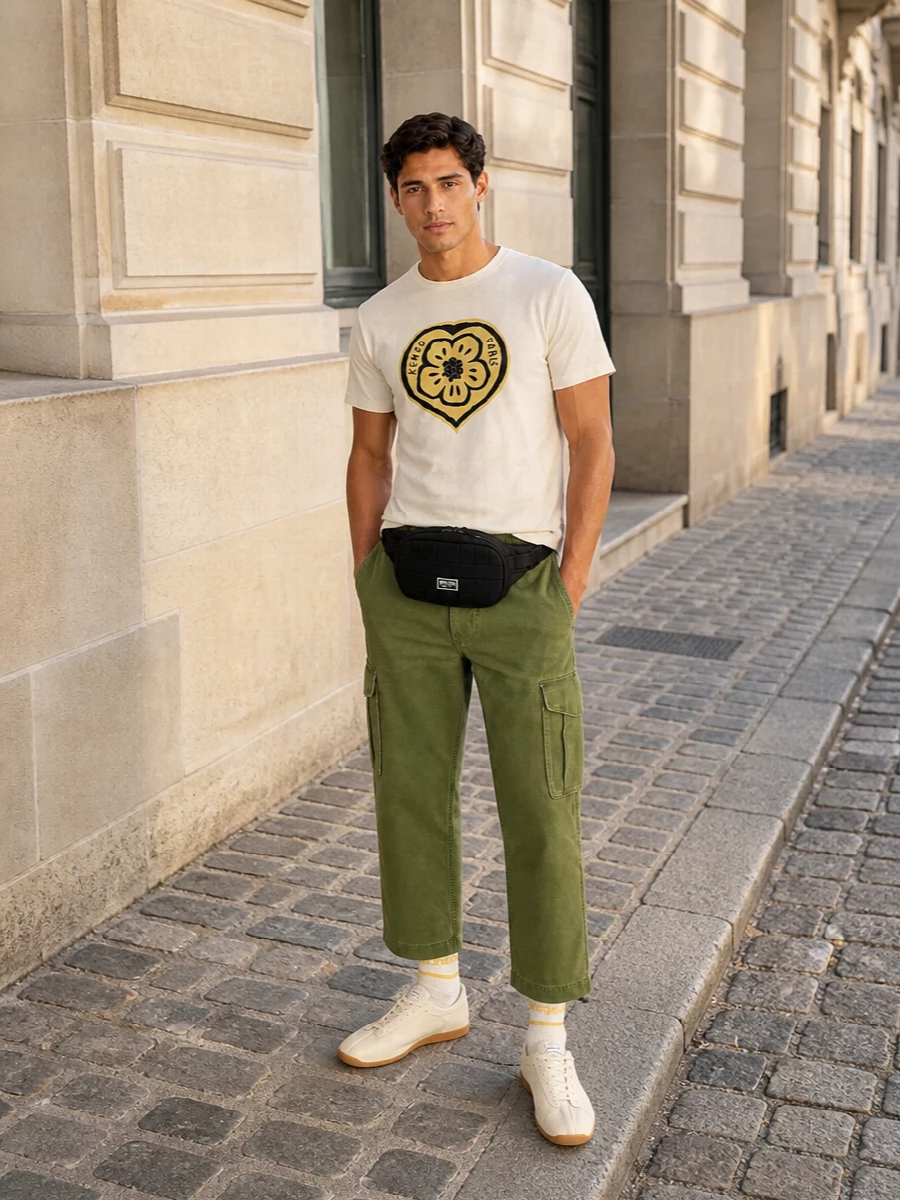Kenzo’s cream heart-crest tee sits against clean olive cargos for a street-preppy mix that feels graphic but relaxed. Cream gum-sole sneakers and mustard-striped socks echo the tee’s tones, keeping the palette tight. A compact black belt bag finishes it with just enough technical edge for city days without diluting the playful logo focus.