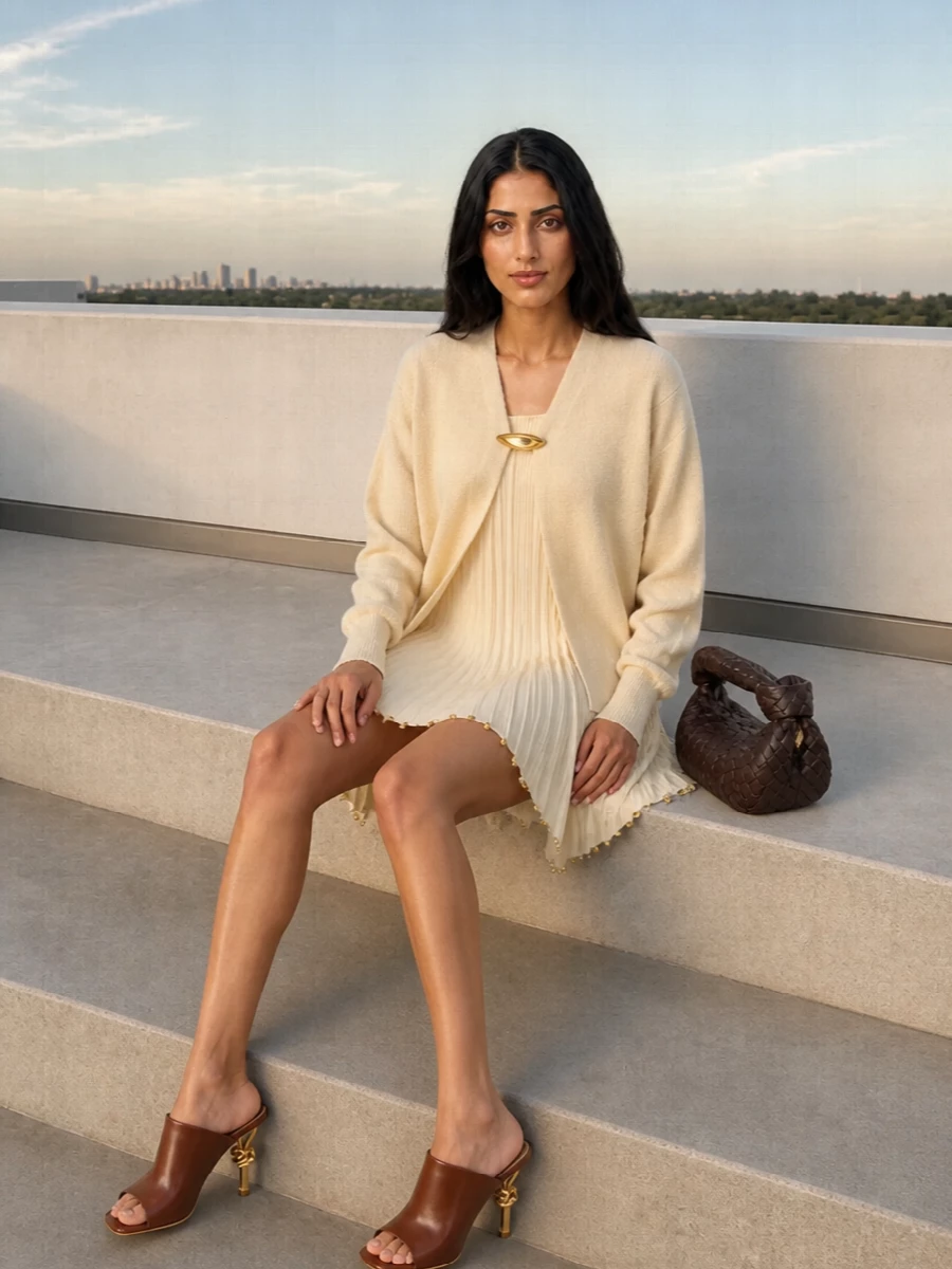 Bottega veneta butter cardigan pleated mini outfit