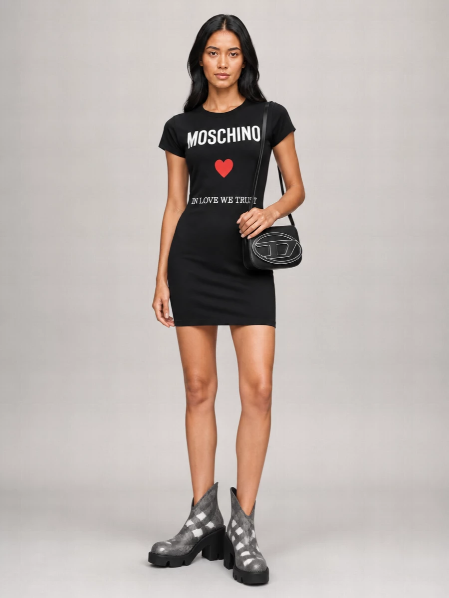 This is a graphic, logo-driven streetwear mini dress moment that speaks directly to the Diesel bag’s sharp black and white hardware. The Moschino T-shirt dress keeps it playful and body-skimming, while the sculpted Burberry ankle boots ground everything in a tough, y2k-leaning silhouette that still reads polished enough for night. I chose the dress route over separates to keep the lines clean and let the bag and boots carry the attitude without overcomplicating the look with more volume and detailing up top and bottom.