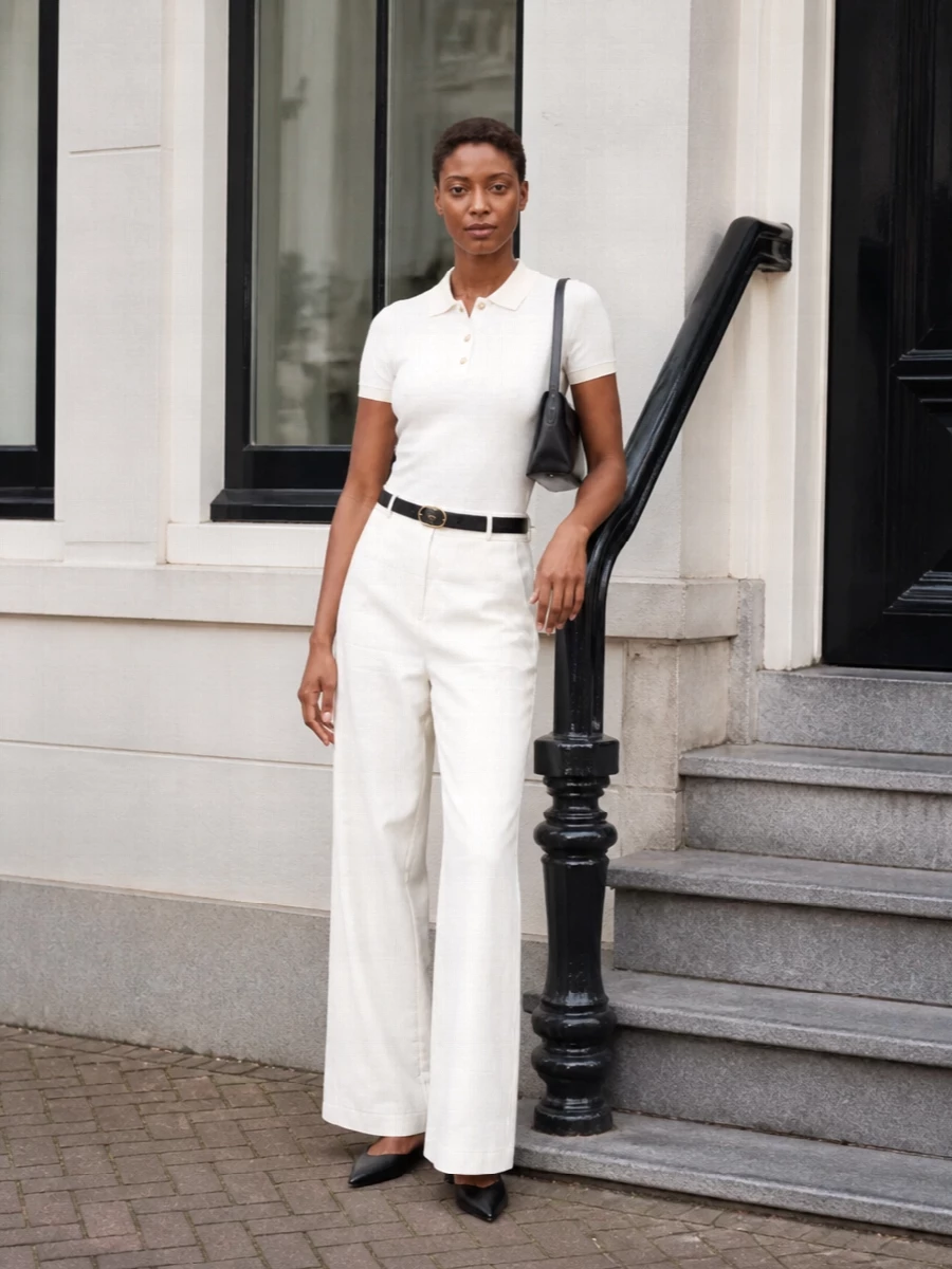 Jil sander ivory polo wide leg trousers outfit