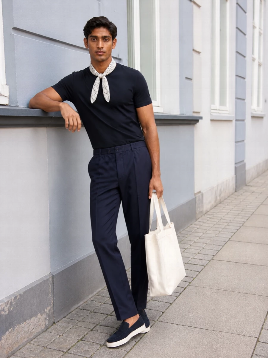 Giorgio armani navy tee tailored trousers outfit