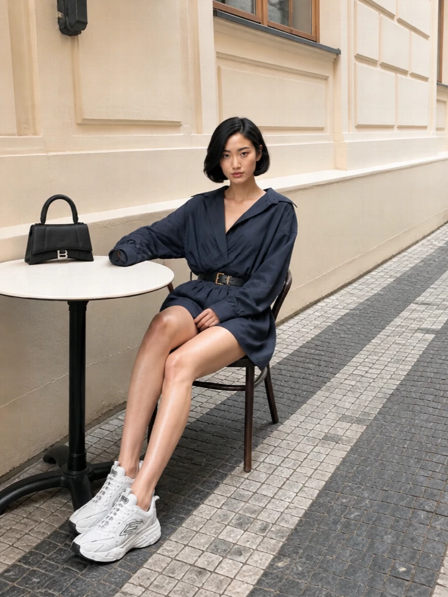 Balenciaga navy mini dress white sneakers mini bag