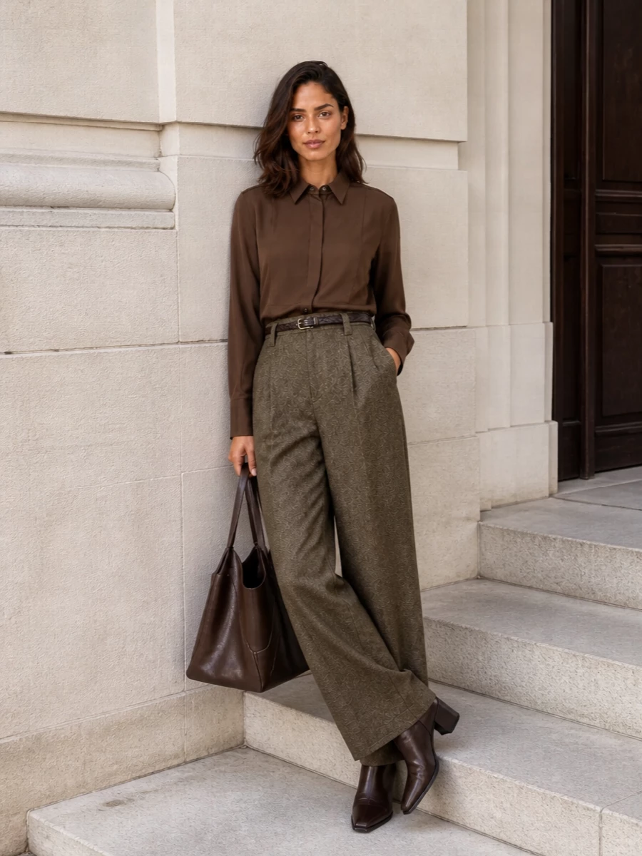 Brunello cucinelli brown wide leg trousers outfit