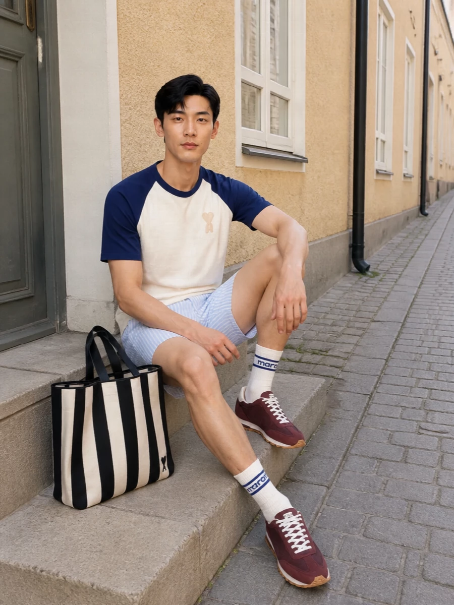 Ami’s raglan tee meets striped deck shorts for a clean, collegiate take on warm weather dressing. Burgundy runners and a bold striped tote bring just enough colour and graphic energy while the palette stays soft and considered. It is an easy uniform for city afternoons that can move straight to a terrace drink without a change.