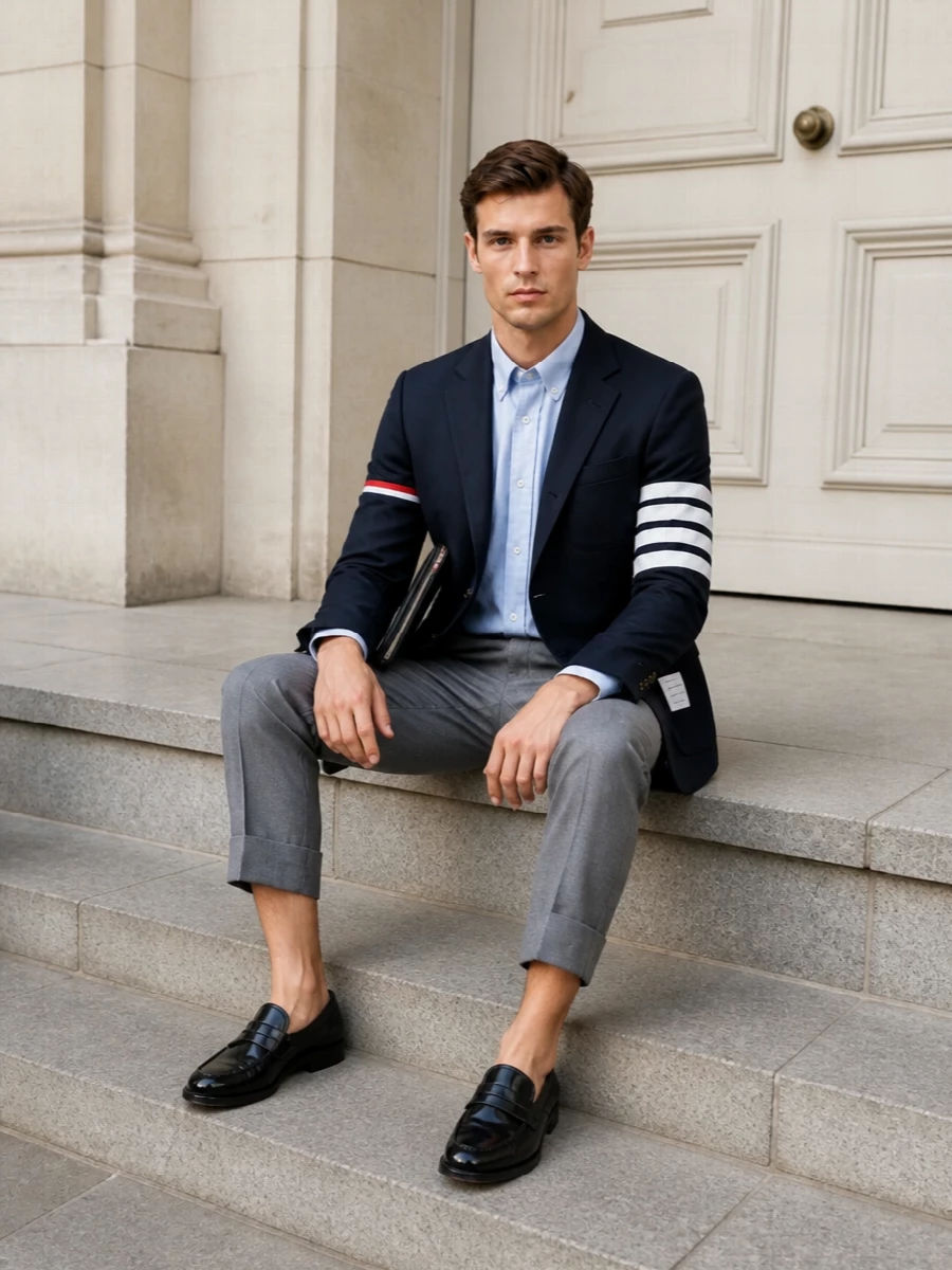 Thom browne navy blazer grey cropped trousers outfit