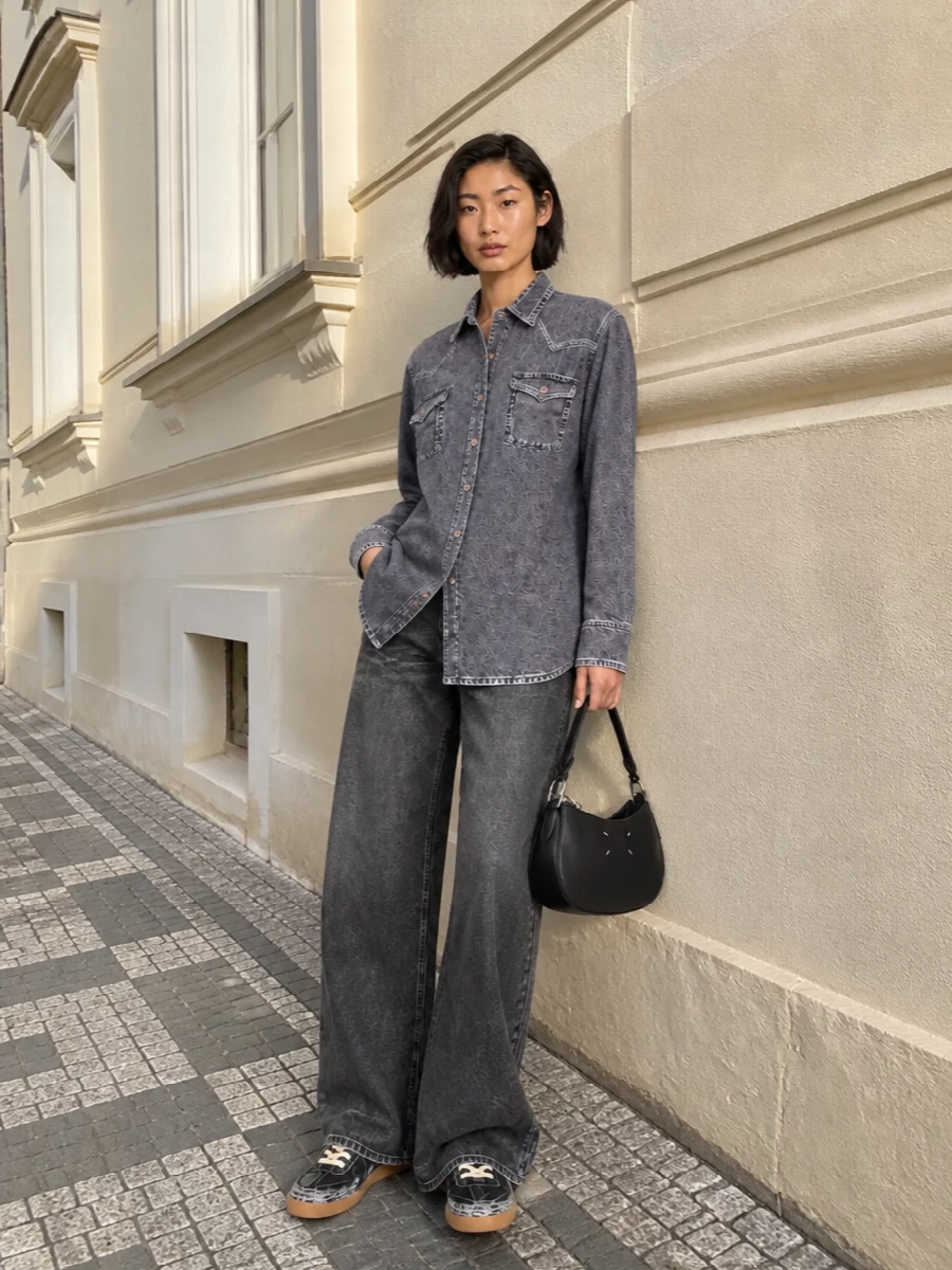 Pierre louis mascia denim shirt charcoal wide leg jeans