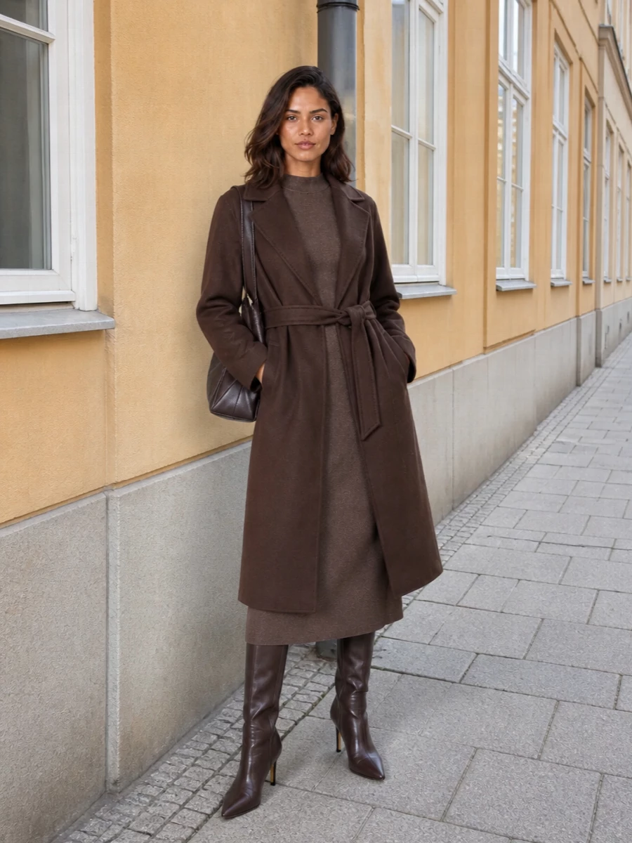 Max mara brown coat knit midi dress outfit