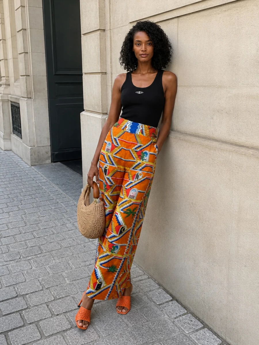 Casablanca print trousers chloe raffia bag outfit