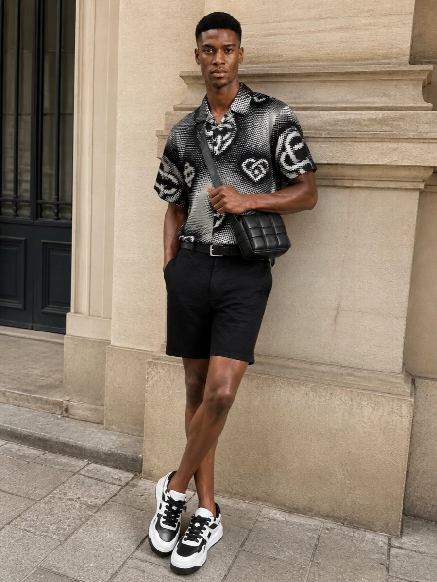 Casablanca camp shirt black tailored shorts outfit