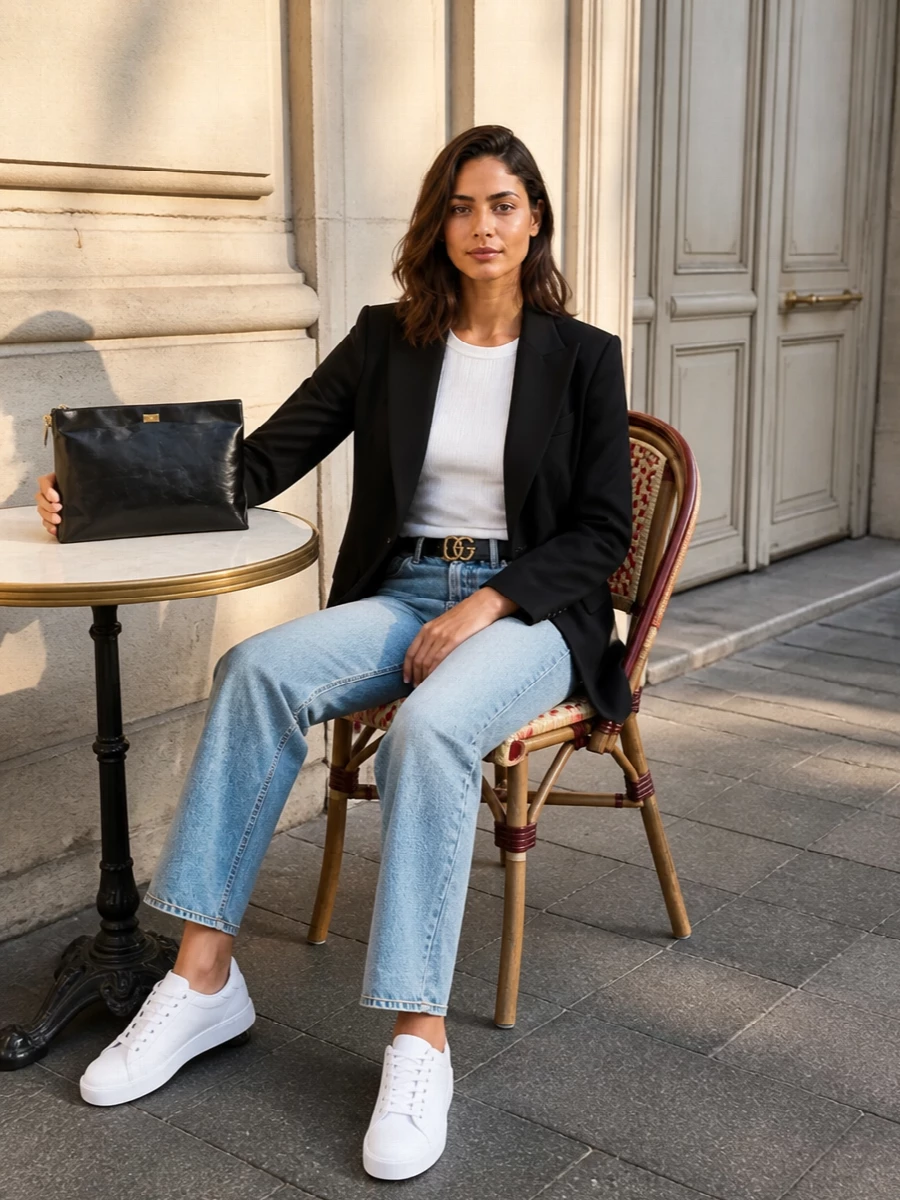 Dolce gabbana blazer straight jeans white sneakers