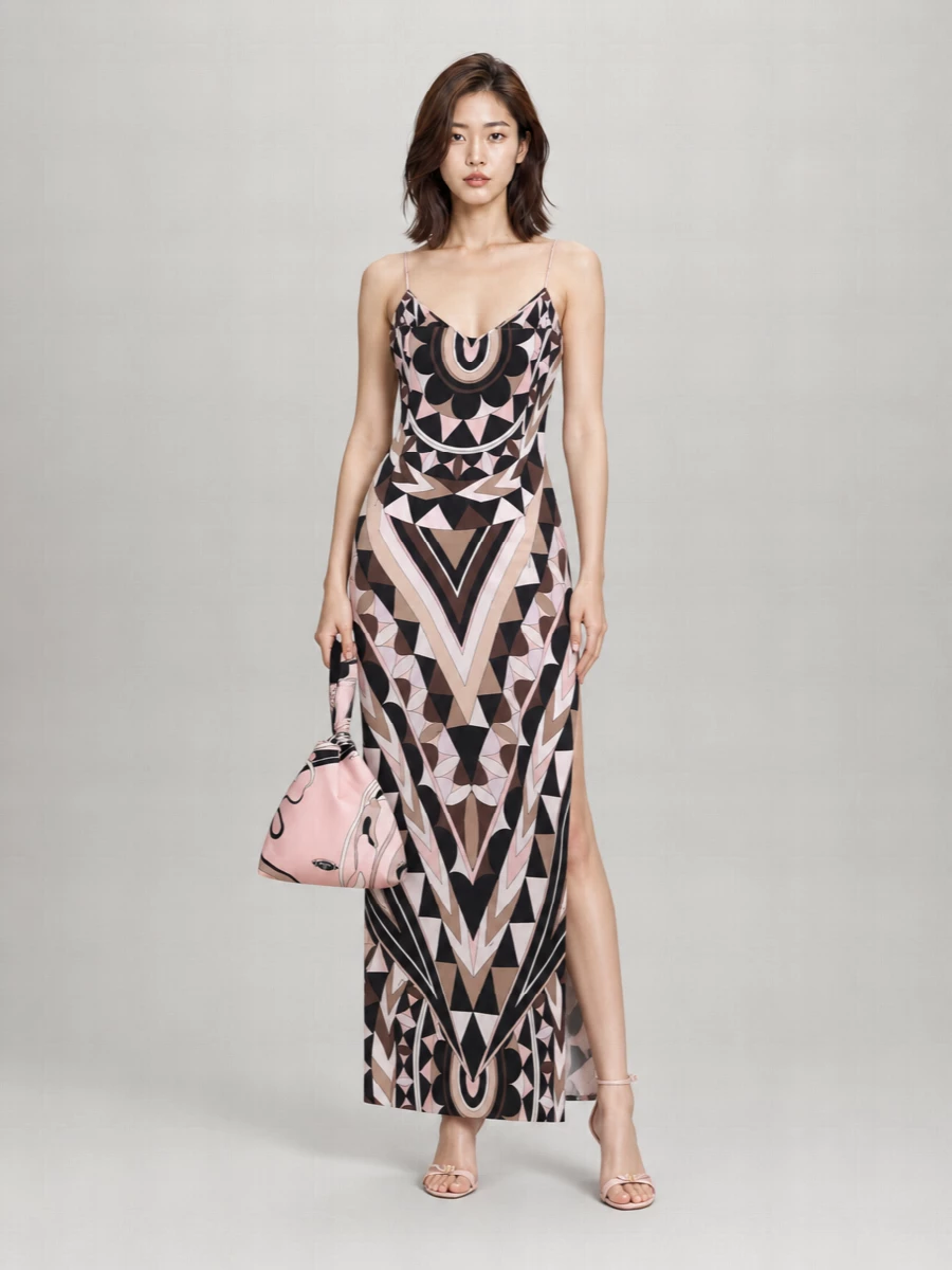 Pucci Silk Geometric-Print V-Neck Sleeveless Maxi Dress