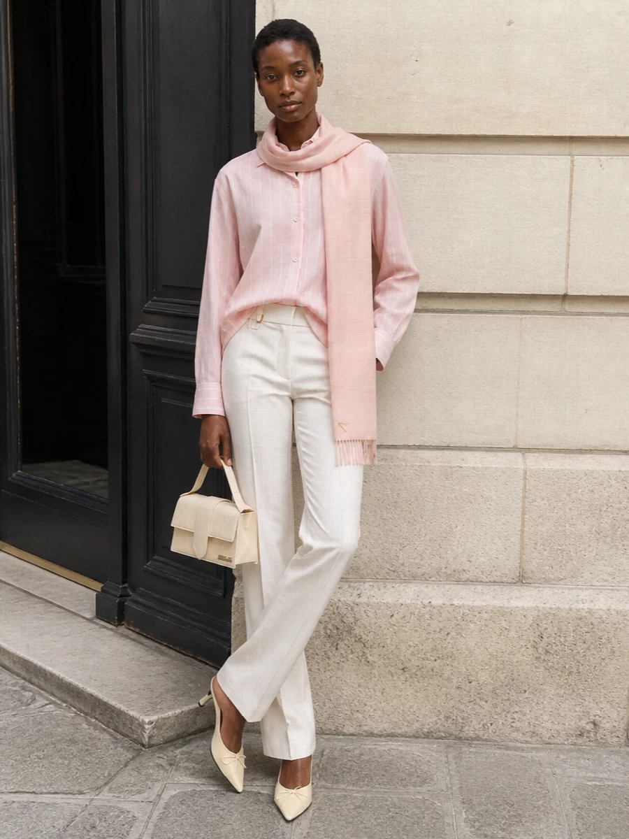 The blush striped Jacquemus shirt is grounded by the soft-ivory tailored trouser for a long, refined line that feels quietly luxurious yet relaxed. Buttercream kitten-heel pumps and a structured mini top-handle continue the light neutral palette, while the blush-toned scarf adds a gentle, polished layer of warmth and colour, perfect for a modern office or gallery evening.