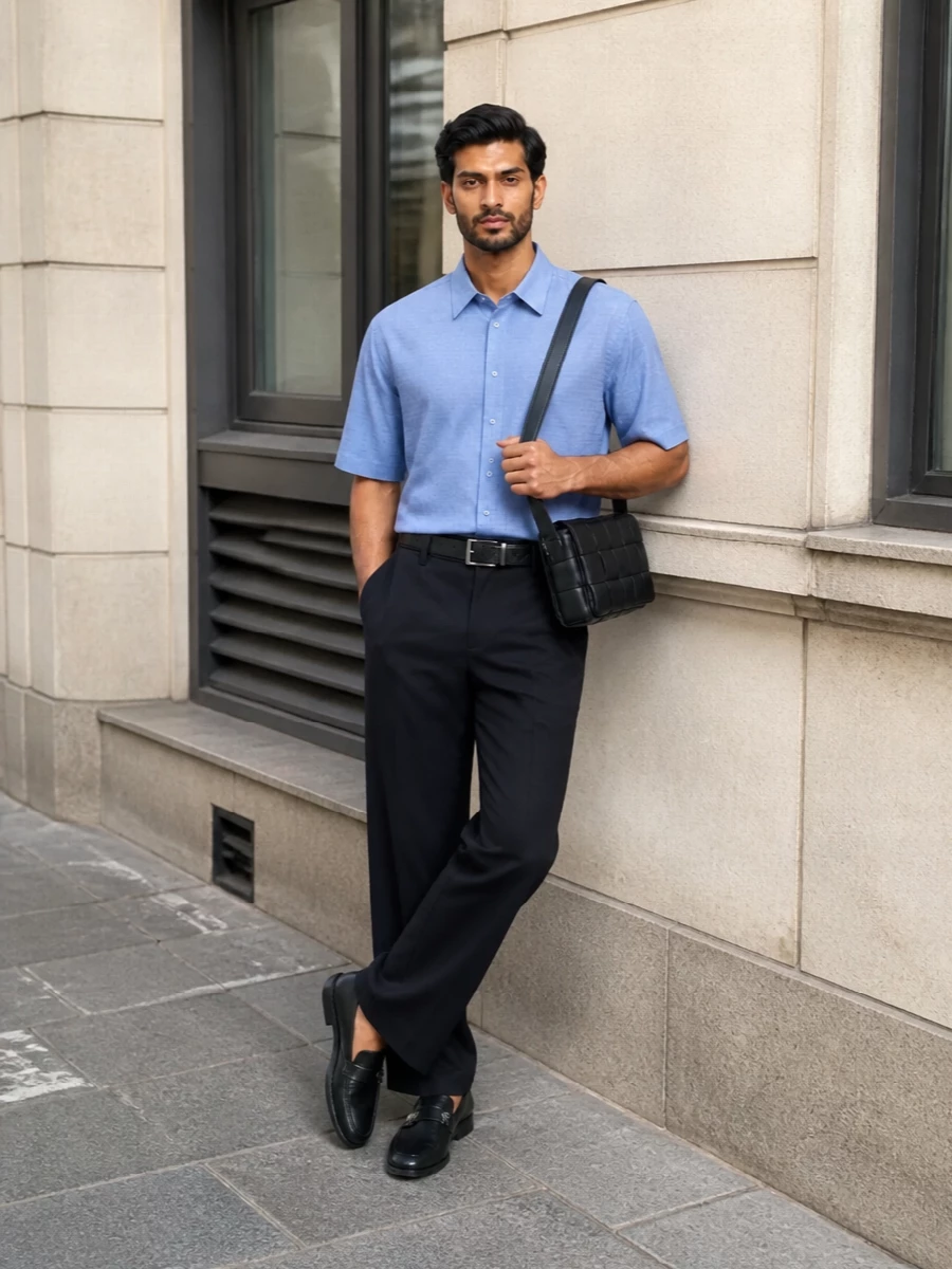This look pairs the powder-blue boxy Fendi shirt with deep-navy wide-leg tailored trousers for a refined, tonal take on modern suiting. Black Fendi loafers, a structured black intrecciato crossbody and a discreet textured belt tighten the silhouette, keeping the ensemble quietly luxurious and city-ready for FW days that move from meetings to dinner.