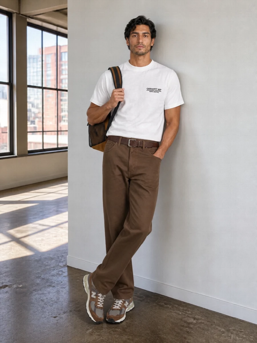 Straight-leg brown work pants with a crisp white tee set up a clean, skate-inflected base. Chunky brown New Balance runners echo the earthy tones and add technical texture, while a caramel utility backpack and dark brown belt keep the whole outfit grounded in easy, everyday workwear streetwear.