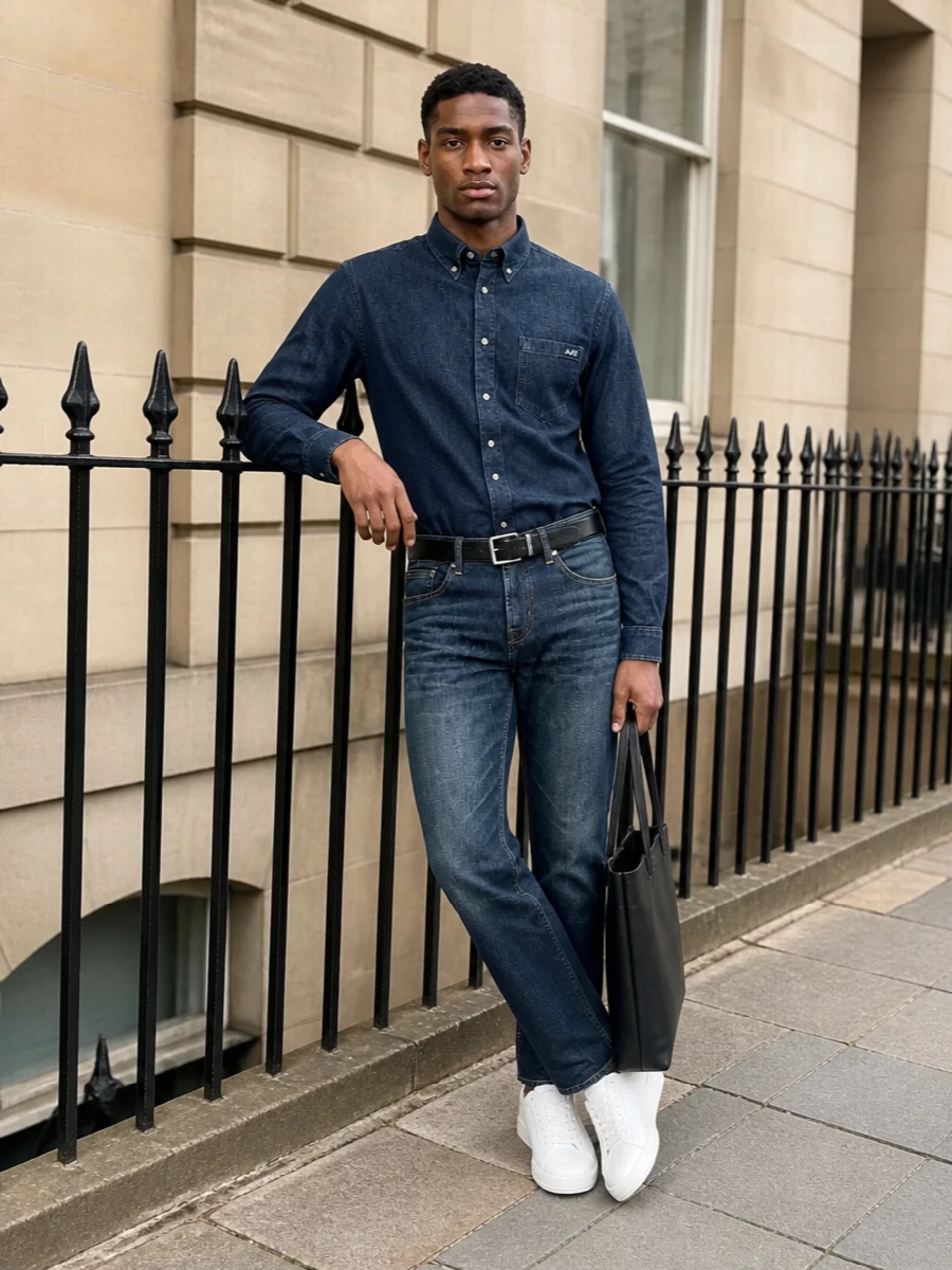 Apc denim shirt slim jeans white sneakers outfit