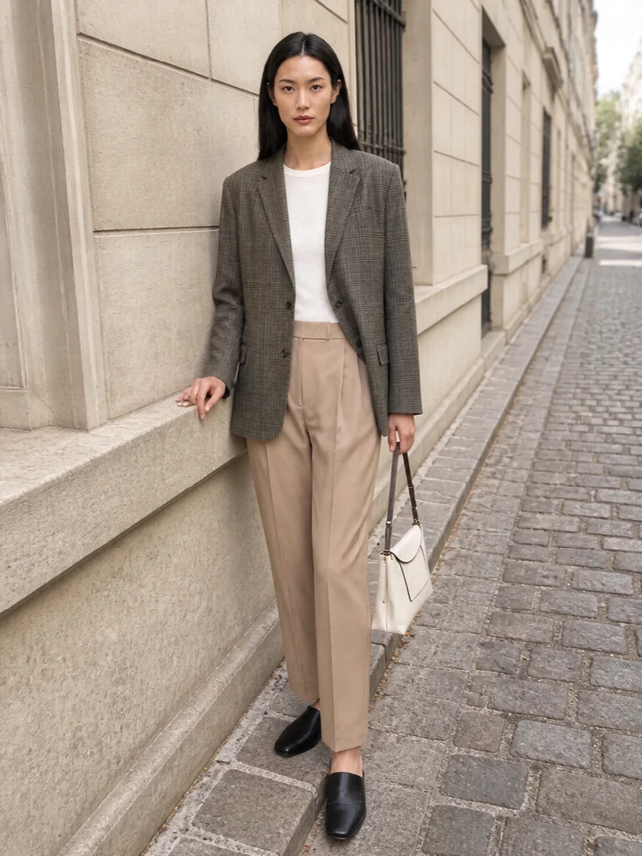 Softly androgynous tailoring meets warm neutrals in a relaxed blazer and pleated camel trouser pairing that feels precise without being stiff. Black leather loafers keep the mood grounded and modern, while a structured ivory shoulder bag sharpens the palette for a quietly confident office-to-dinner ensemble.