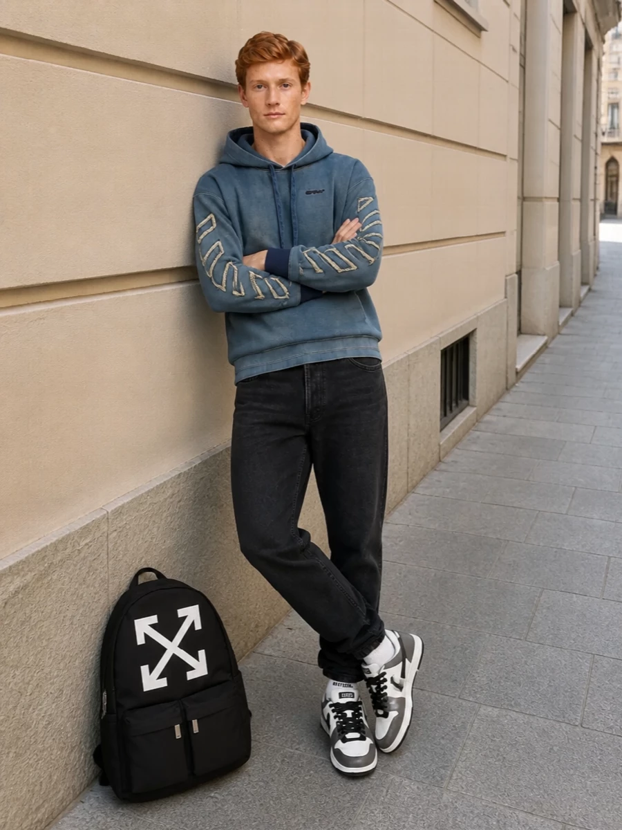 Off white hoodie black jeans sneakers outfit