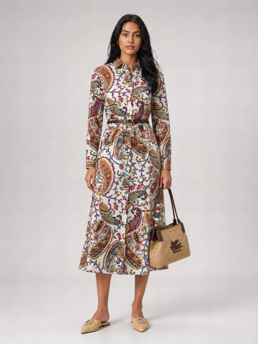 Etro Paisley-Print Cotton Belted Midi Shirt Dress
