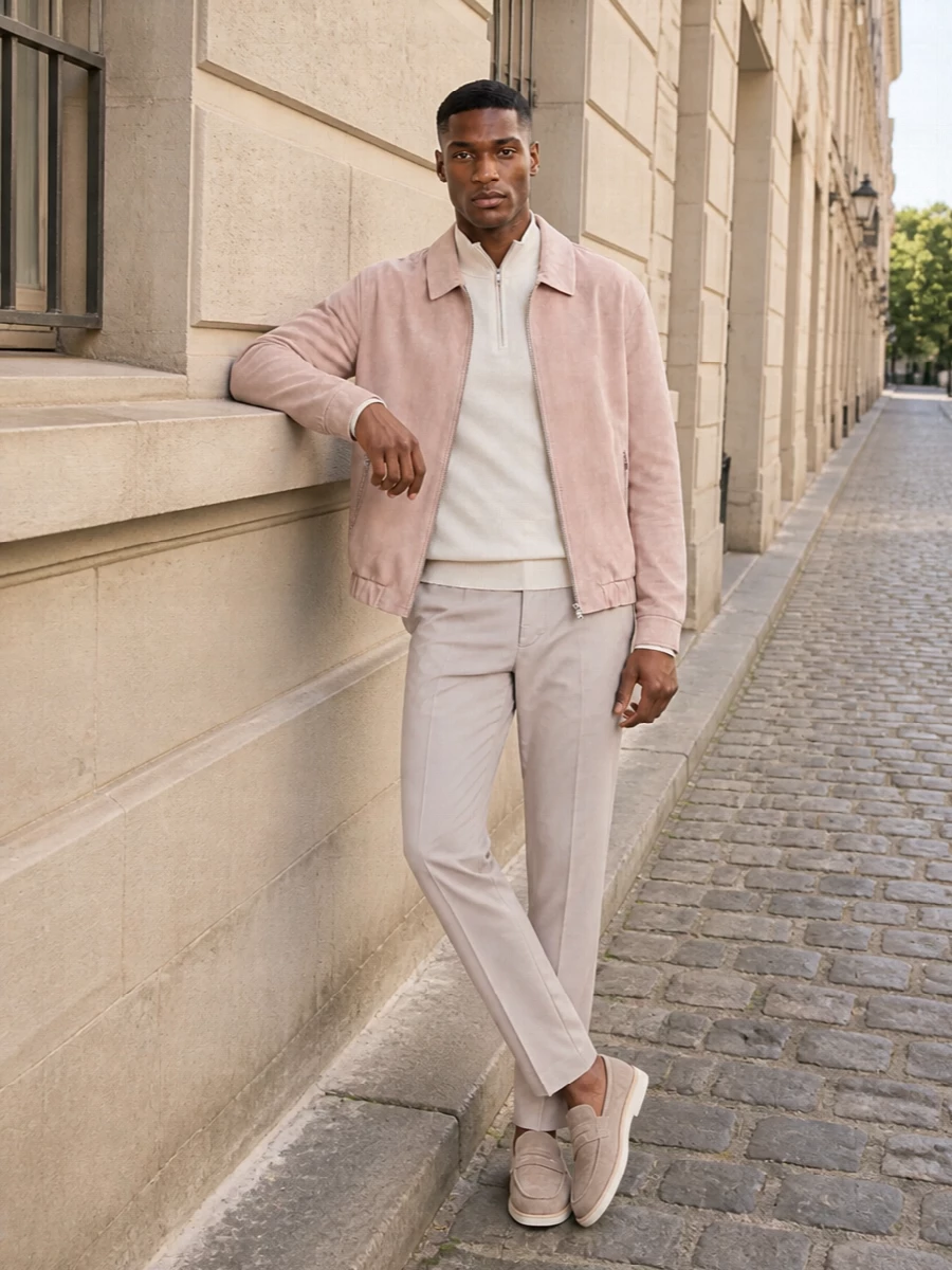 Brunello cucinelli suede jacket beige trousers outfit
