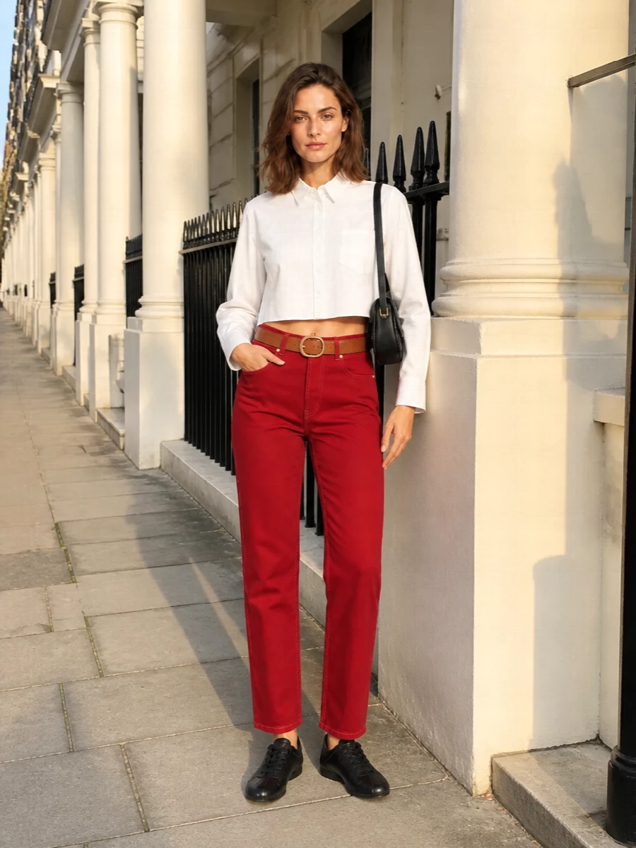 Ami paris red jeans cropped white shirt outfit