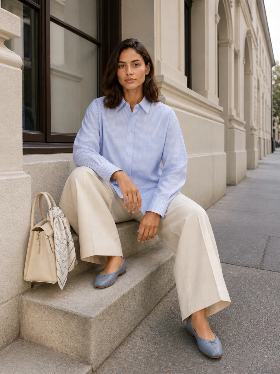 A pale blue longline shirt falls over buttercream wide-leg tailoring for a soft, columnar line that feels studied yet relaxed. Dusty blue ballerinas and a structured buttercream bag keep the palette quiet and tonal, while a sketch-like silk scarf adds a subtle Margiela signature at the neck or handle. The result is polished enough for office or gallery days, but still easy and unforced in movement.