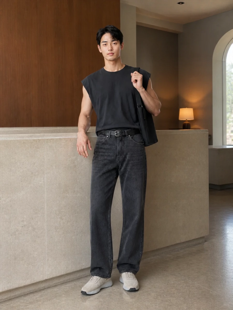 A deep-charcoal sleeveless tee sits over high-waisted washed-black denim, creating a long, graphic column through the torso and leg. Light beige suede runners break up the dark palette just enough, keeping the feel relaxed but sharp. A soft black shoulder bag and discreet Margiela belt finish it with precise, city-ready polish that still reads easy and low-key.