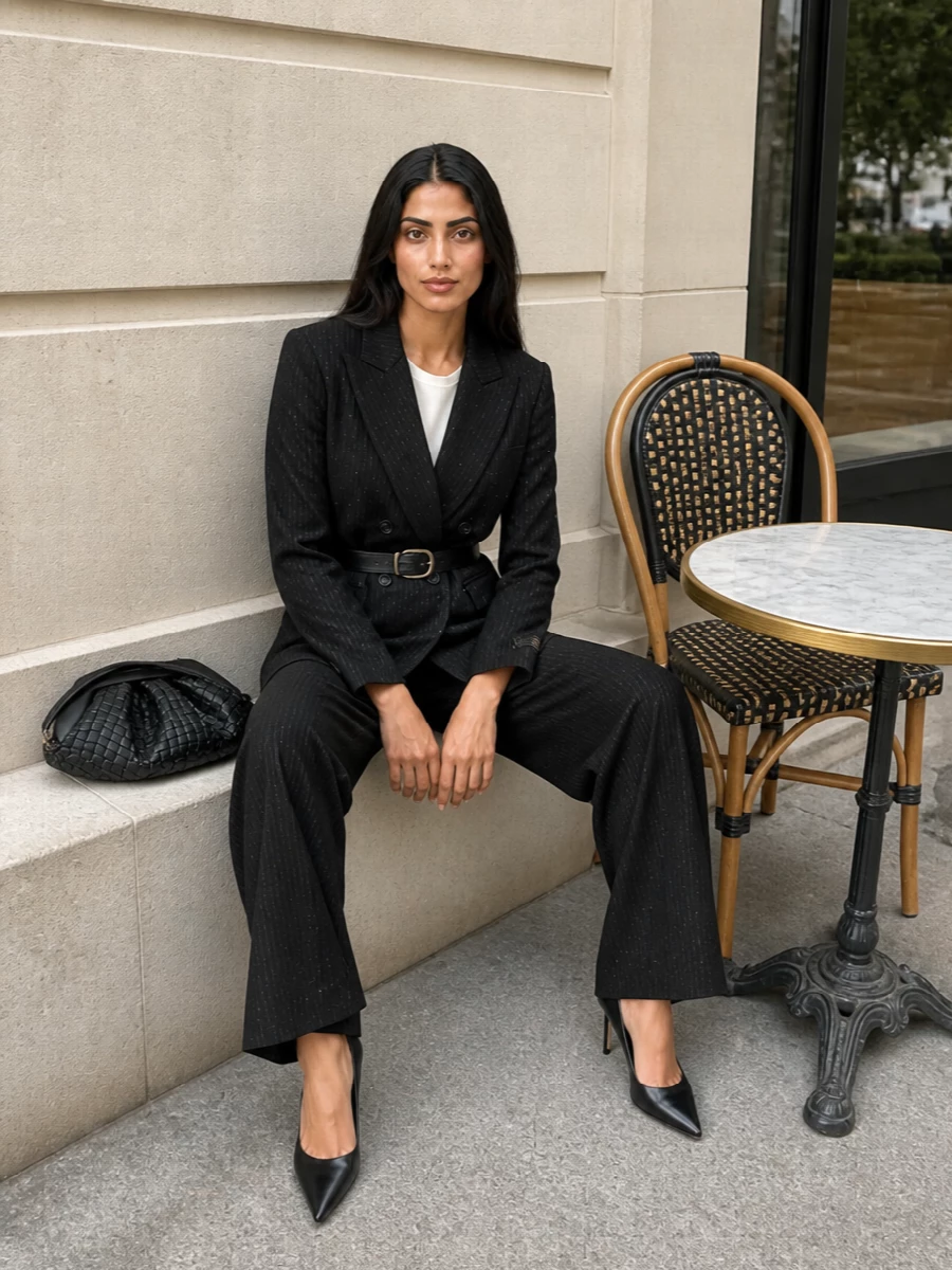 Ermanno firenze sequin pinstripe suit black pumps