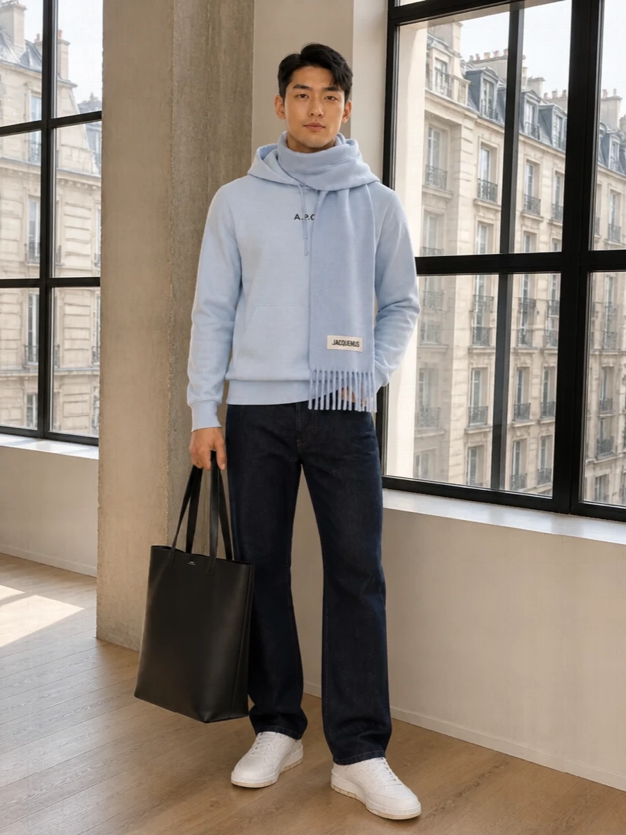 Apc hoodie dark indigo jeans white sneakers