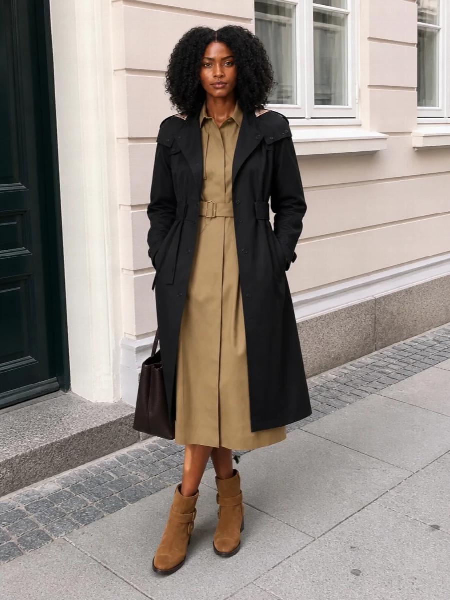 I am taking the dress route here so the black trench can frame one clean, tailored column rather than break it into top and bottom. The camel midi shirt dress, suede boots and chocolate tote create a coherent Burberry story of heritage trench codes in a modern city palette. It reads polished but not stiff, ideal for day-long wear where the coat can slip on and off without disturbing the proportions.